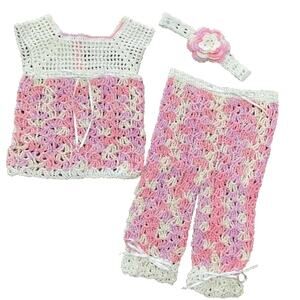 Girls Crochet Tank, Pants & Head Band 3 Piece Set 0-3 Month’s New